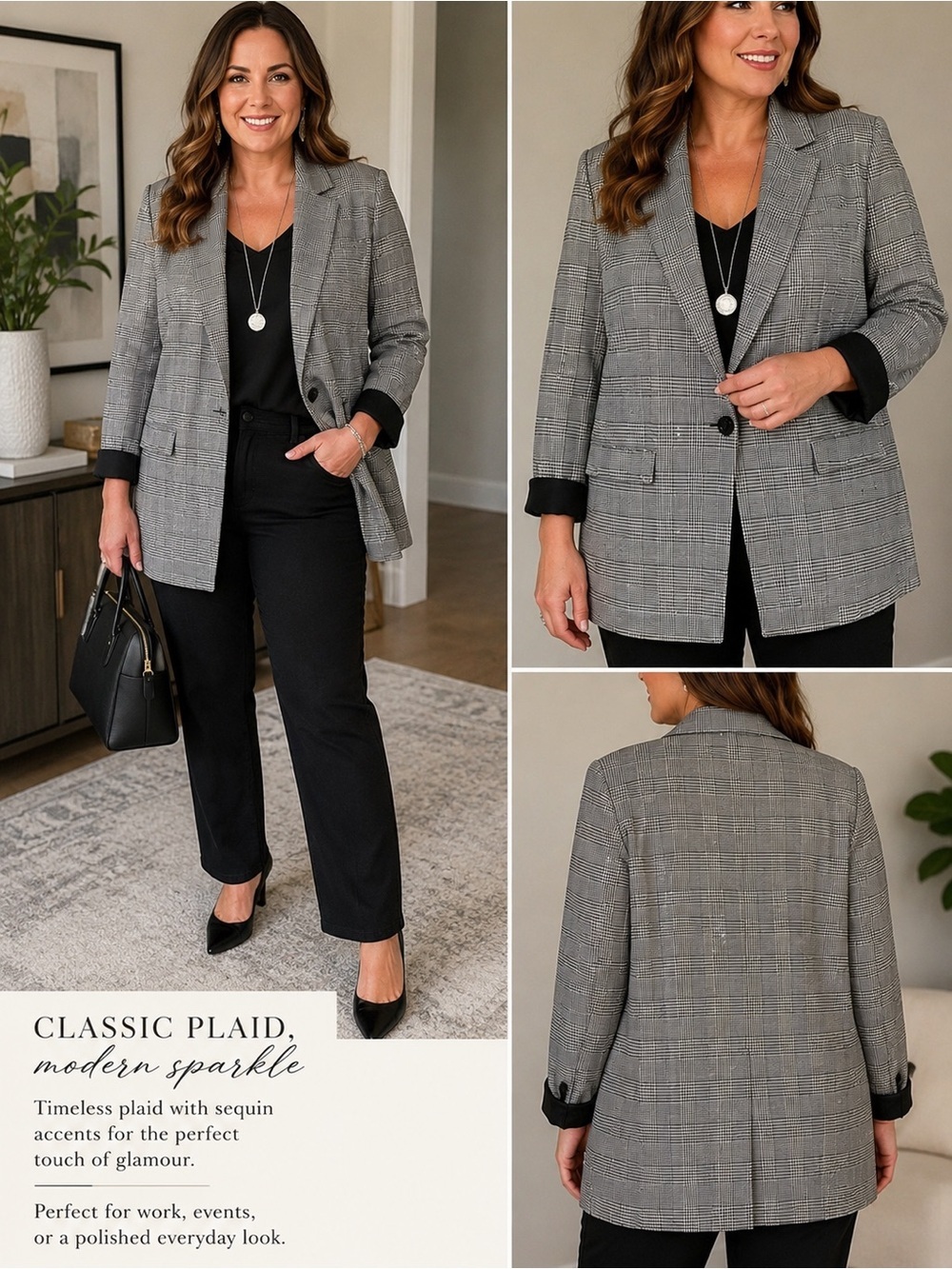 Joan Rivers Gray Plaid Sequin-Accent Blazer